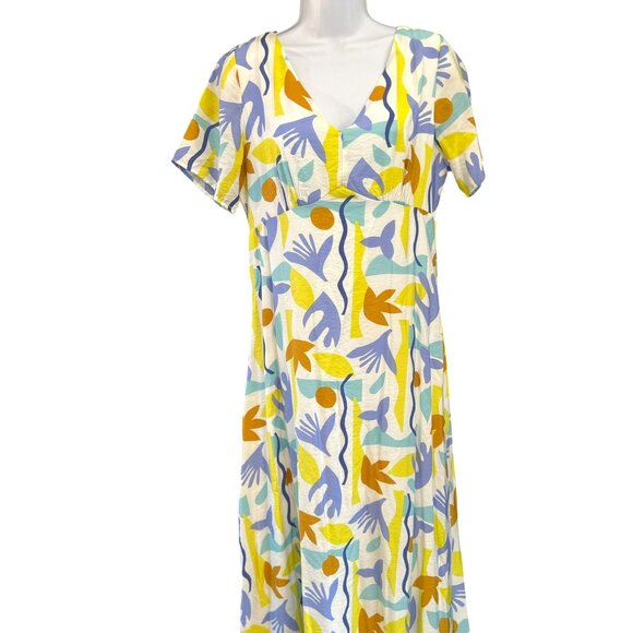 Lili Sidonio White Baby Doll Blue Maxi Abstract Print Short Sleeve Dress Sz M - Picture 2 of 6